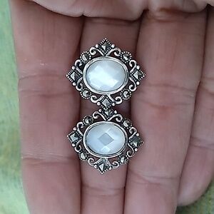 Vintage Sterling Silver JC Diamond Shaped Faceted Post-Stud Earrings-Marcasite